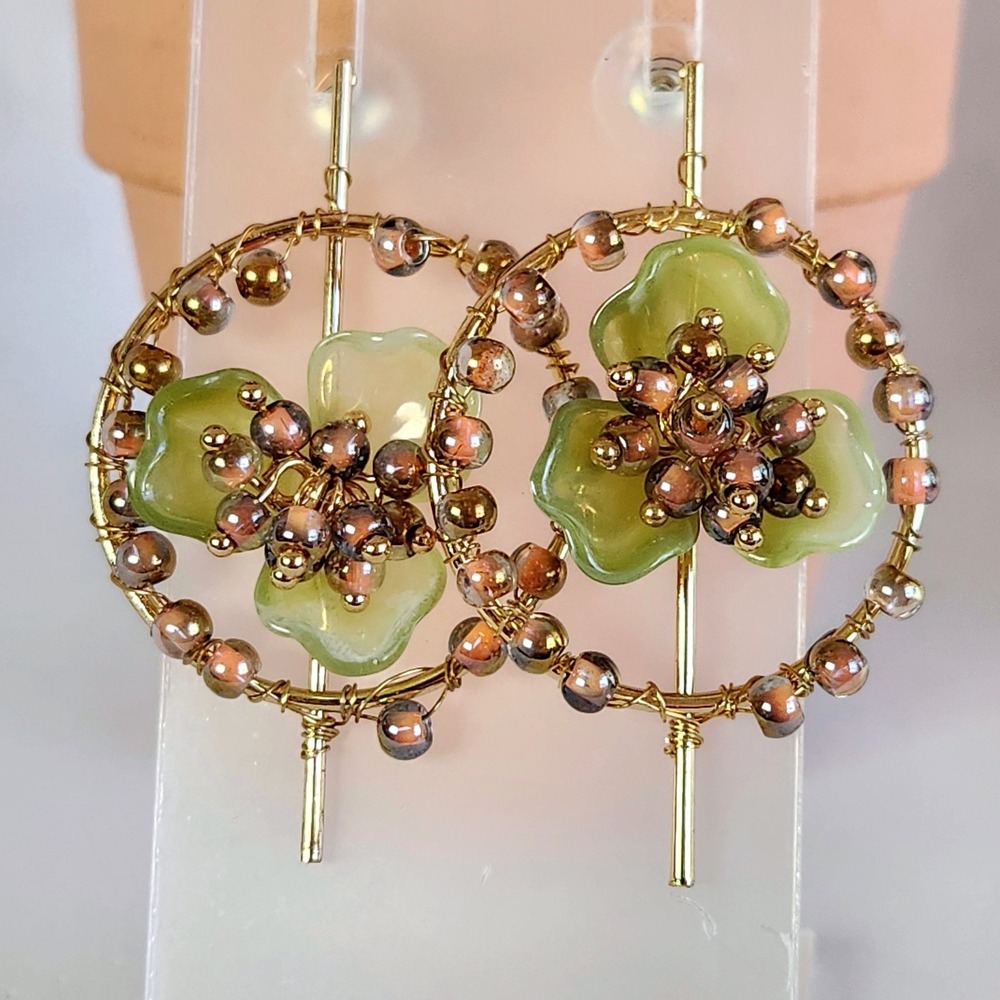 Sage Green Flower Wire Wrapped Hoop Earrings Gold Tone Beaded Post Back 1.75"